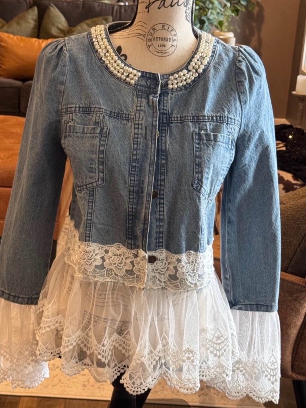 Pearl-Embellished Blue Denim Jacket with Lace Hem